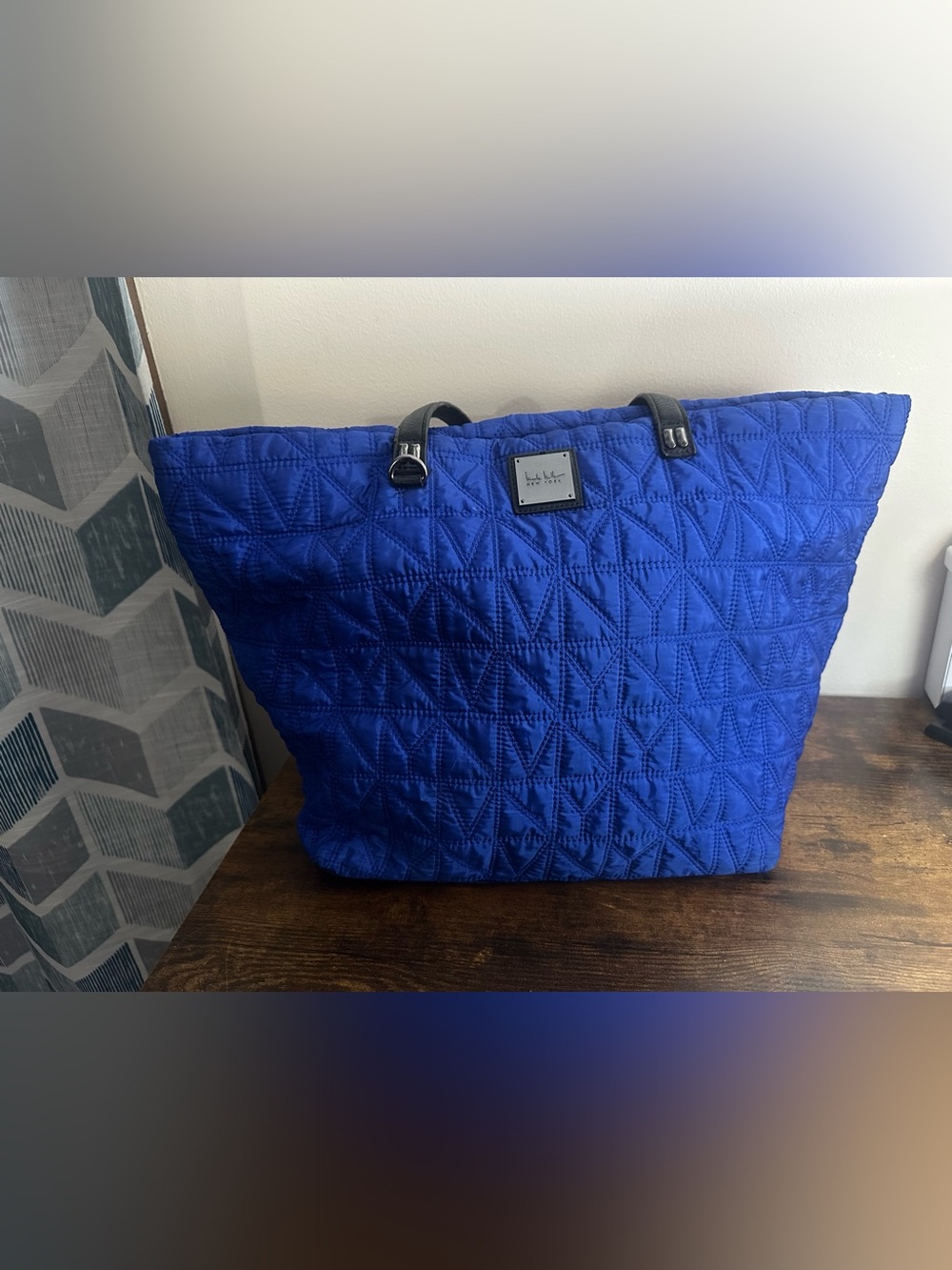 NICOLE MILLER AZURE BLUE,BLACK QUILTED CANVAS SHOULDER BAG TOTE